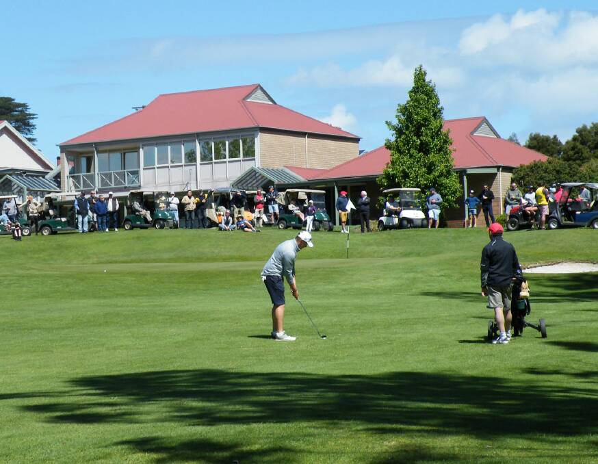 ON CLOUD NINE: Mitch Van Noord chips in on the ninth on his way to winning the Launceston golf championship.