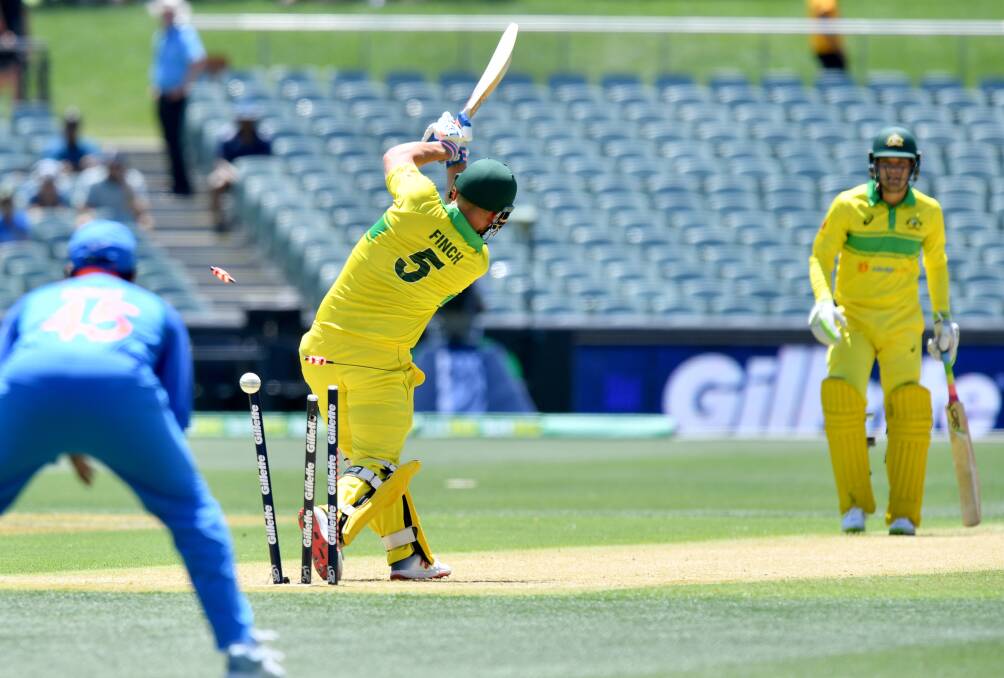 Bail out: Aaron Finch is clean bowled at a half-empty Adelaide Oval.