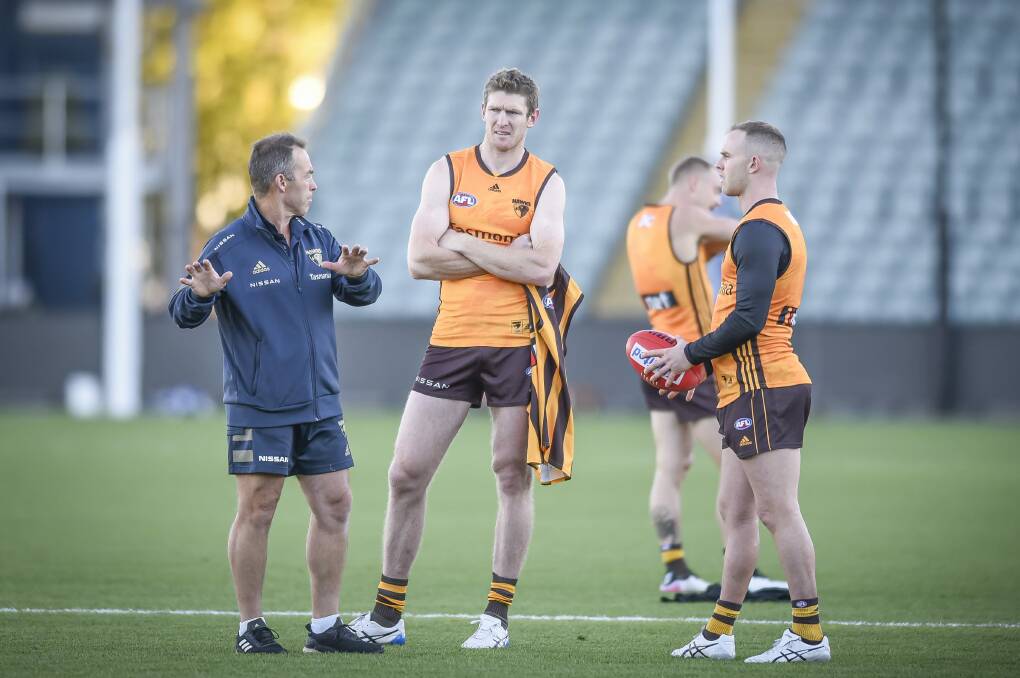 WISE WORDS: Alastair Clarkson coaching his Hawthorn players during a training session at UTAS Stadium on Saturday. Picture: Craig George