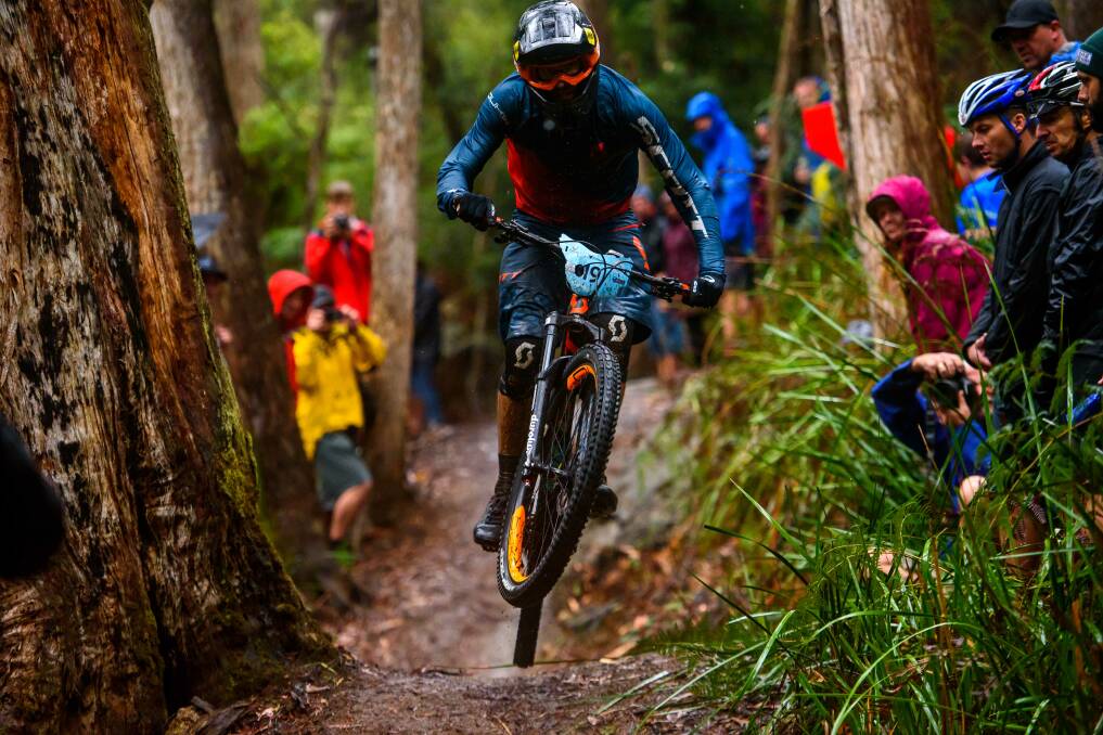 Action from the rain-soaked Enduro World Series round in Derby in 2017. Picture: Scott Gelston