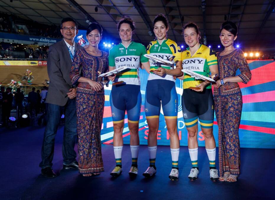 London calling: Georgia Baker tops the London Six Day 
podium with compatriots Ashlee Ankudinoff second 
and Kristina Clonan third. Picture: Twitter