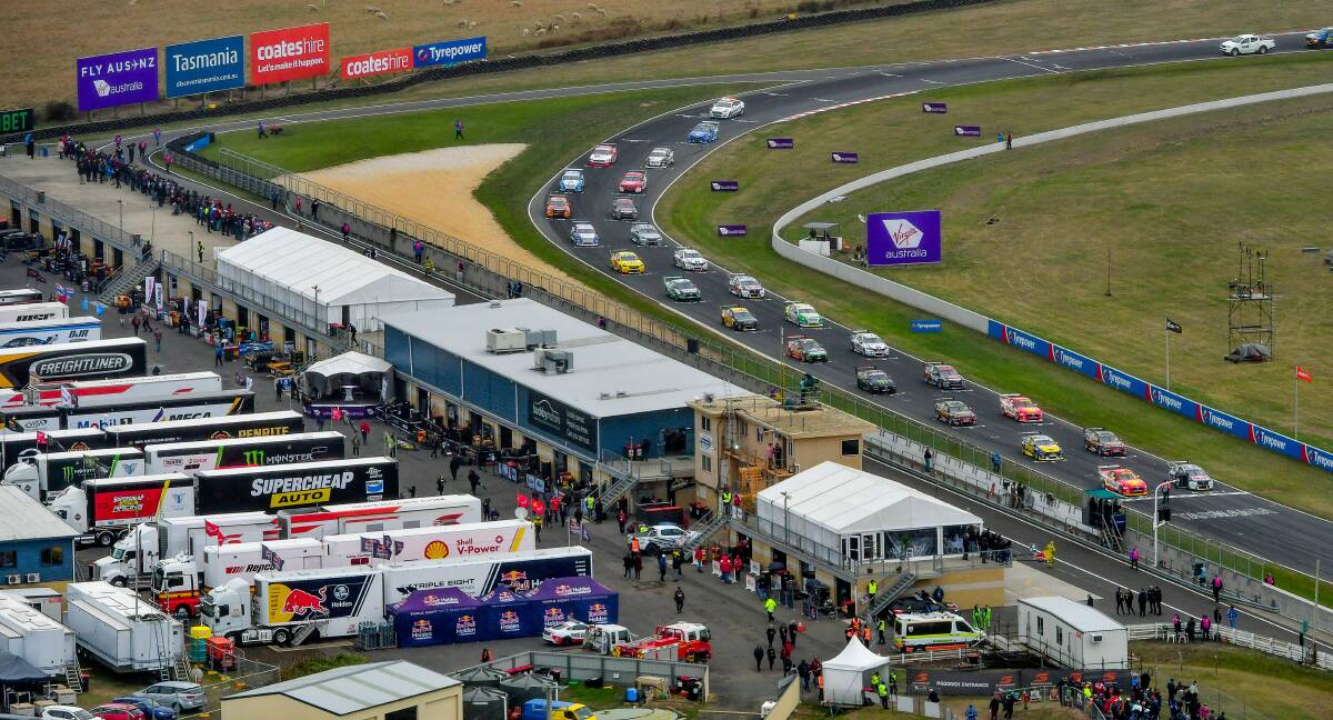 Bird's eye view: The Supercar fleet ready to fire for Sunday's race at Symmons Plains. Picture: Scott Gelston