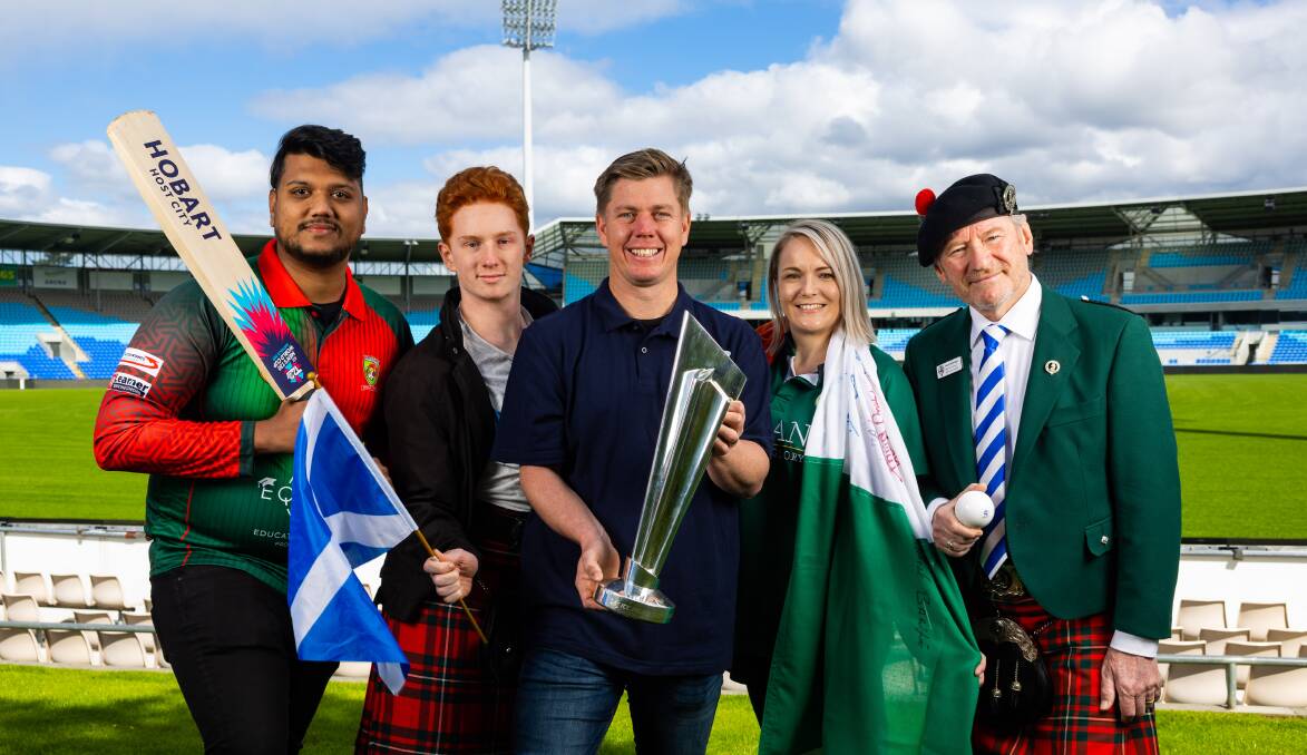 Xavier Doherty and international friends at the ICC Men's T20 World Cup Trophy Tour at Bellerive Oval in Hobart. Picture by ICC 