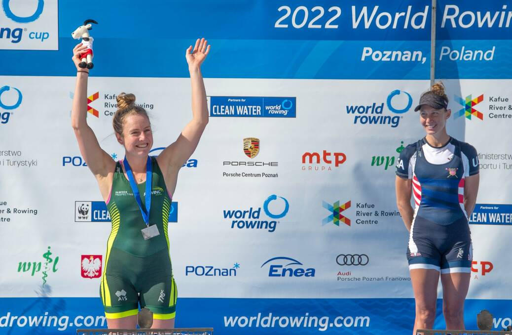 POLE POSITION: Georgia Nesbitt accepts her silver medal in Poznan. Picture: Rowing Australia Facebook