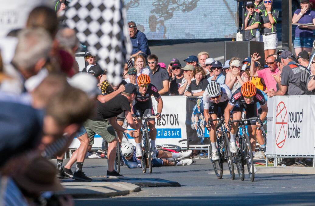 Head up: Cam Ivory avoids some last-lap carnage to race home ahead of Raph Freienstein in last year's Launceston Classic. Picture: Phillip Biggs