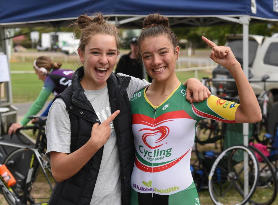 Madeleine Fasnacht congratulates Anya Louw at last year's Oceania Road Cycling Championships. Picture: Paul Scambler