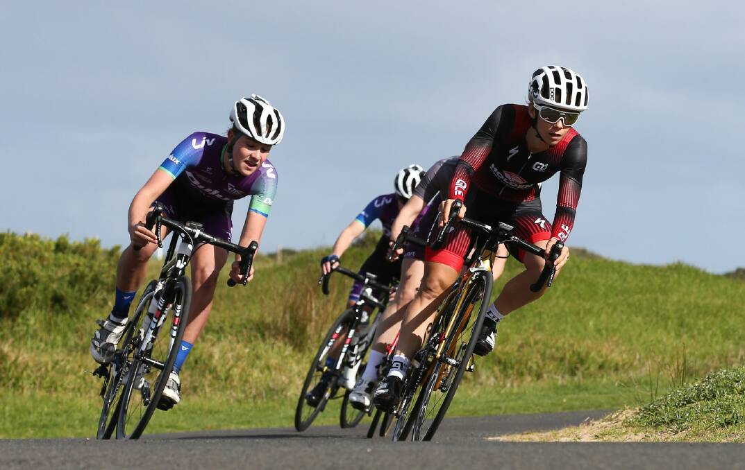 Leaning in: Madeleine Fasnacht (left) in action in last week's Tour of South West in the National Road Series. Picture: Con Chronis