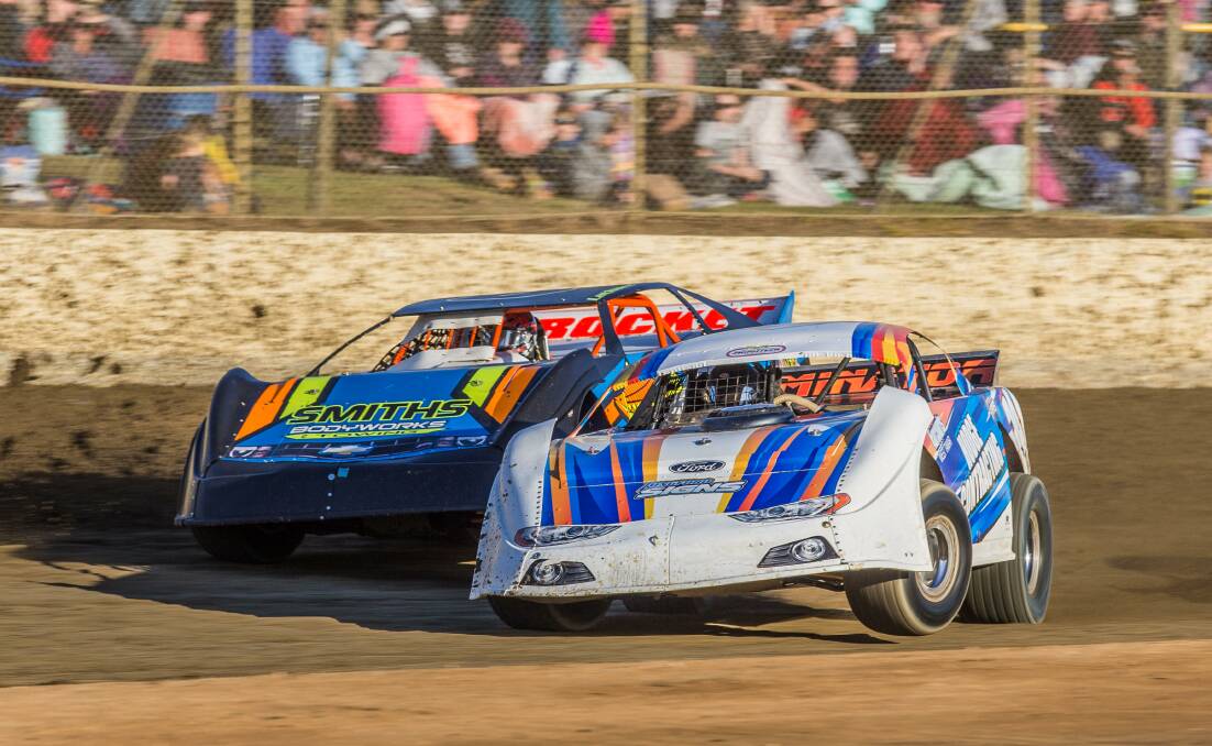 Side by side: Anthony Manion and Steve Latham are two of the super sedans racing in this weekend’s final meeting at Carrick Speedway. Picture: Angryman Photography