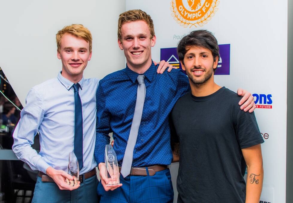 Tied up: Riverside Olympic best and fairest winner Jarrod Hill (centre) with joint runners-up Liam Gilmore and Luca Vigilante. Picture: Kaleb Clark