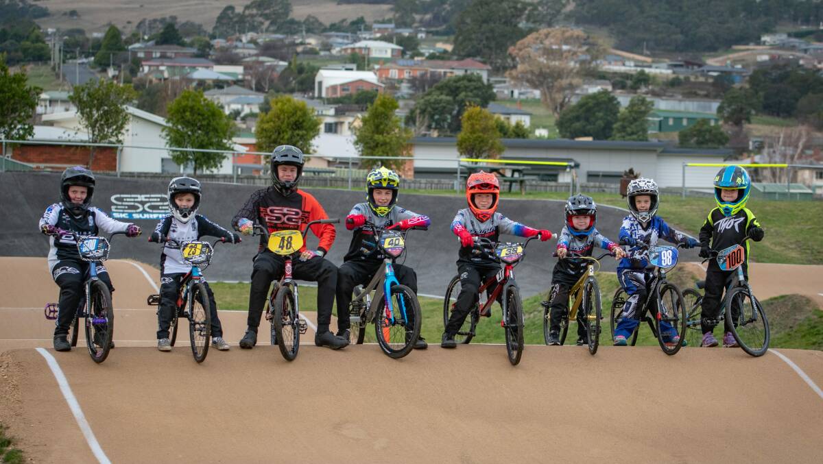 Launceston BMX club members Indy Woolley, Ace Woolley, Campbell Whitney, Archie Manshanden, Baxter Manshanden, Dougie Manshanden, Lily Carroll and Finn Carroll. Picture: Paul Scambler 