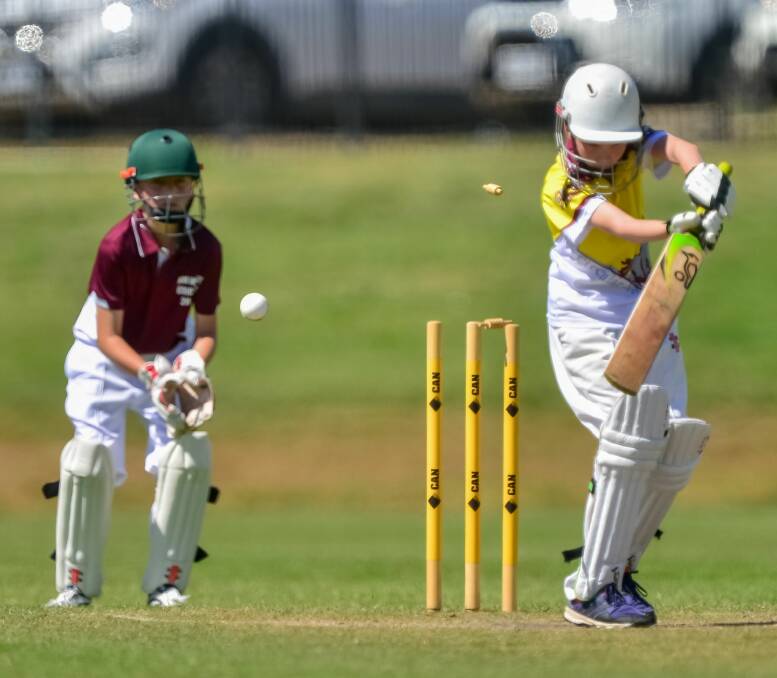 GOT HIM: Circular Head Colts batsman Solomon Tuxworth gets his off stump touched up as Meander wicketkeeper Owen Mathews watches on during the inter-region schools clash at Windsor Park. 
