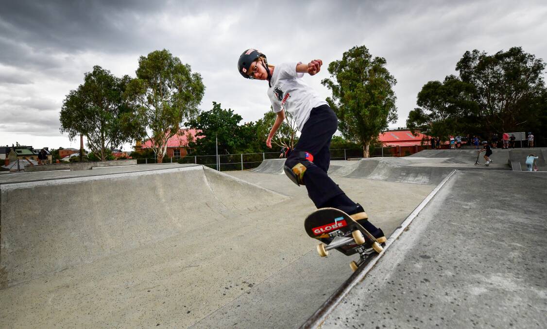 Wheely serious: Tasmanian skateboarder Grace Cochrane practises at the North Hobart Skatepark. Pictures: Scott Gelston
