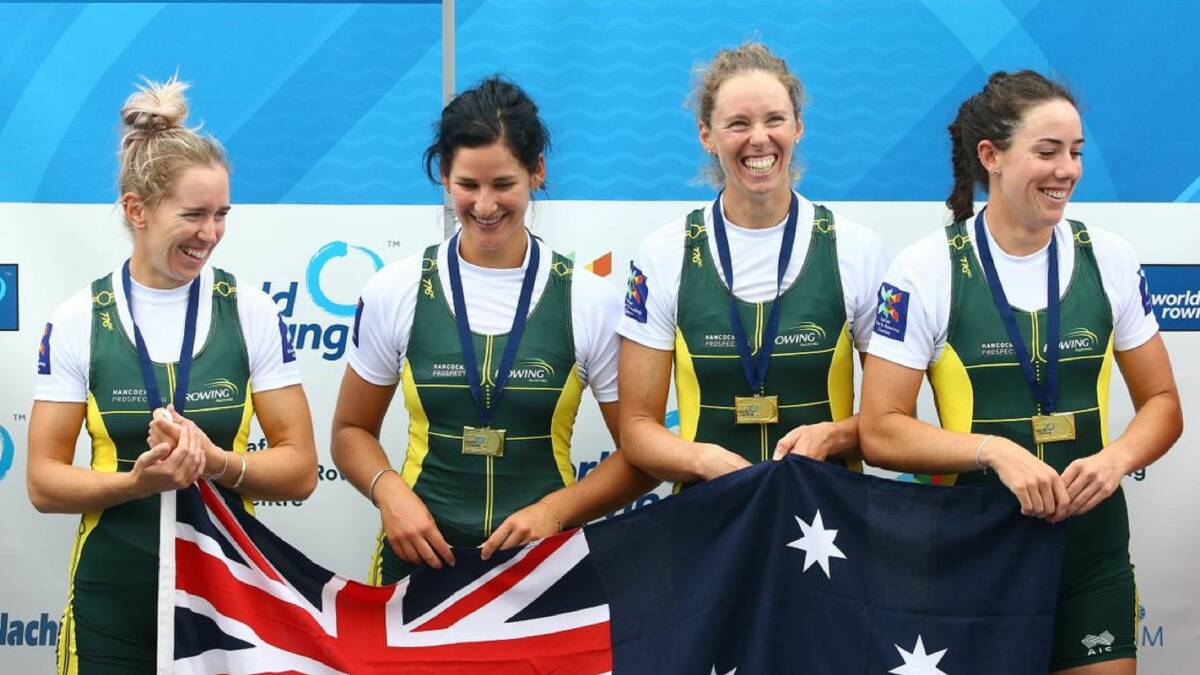 Sarah Hawe (second from right) celebrates gold with Lucy Stephan, Rosie Popa and Molly Goodman. Picture: Rowing Australia