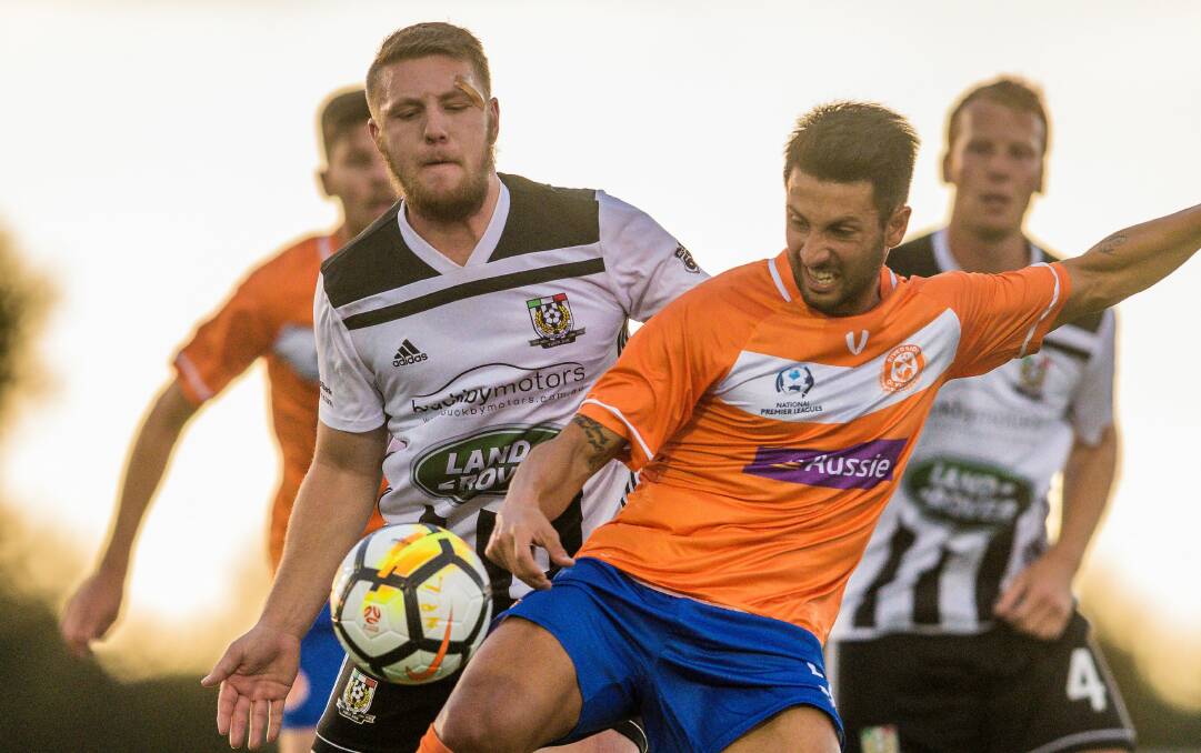 Welcome home: Riverside Olympic play-maker Luca Vigilante controls the ball in the derby against Launceston City in March. Picture: Phillip Biggs
