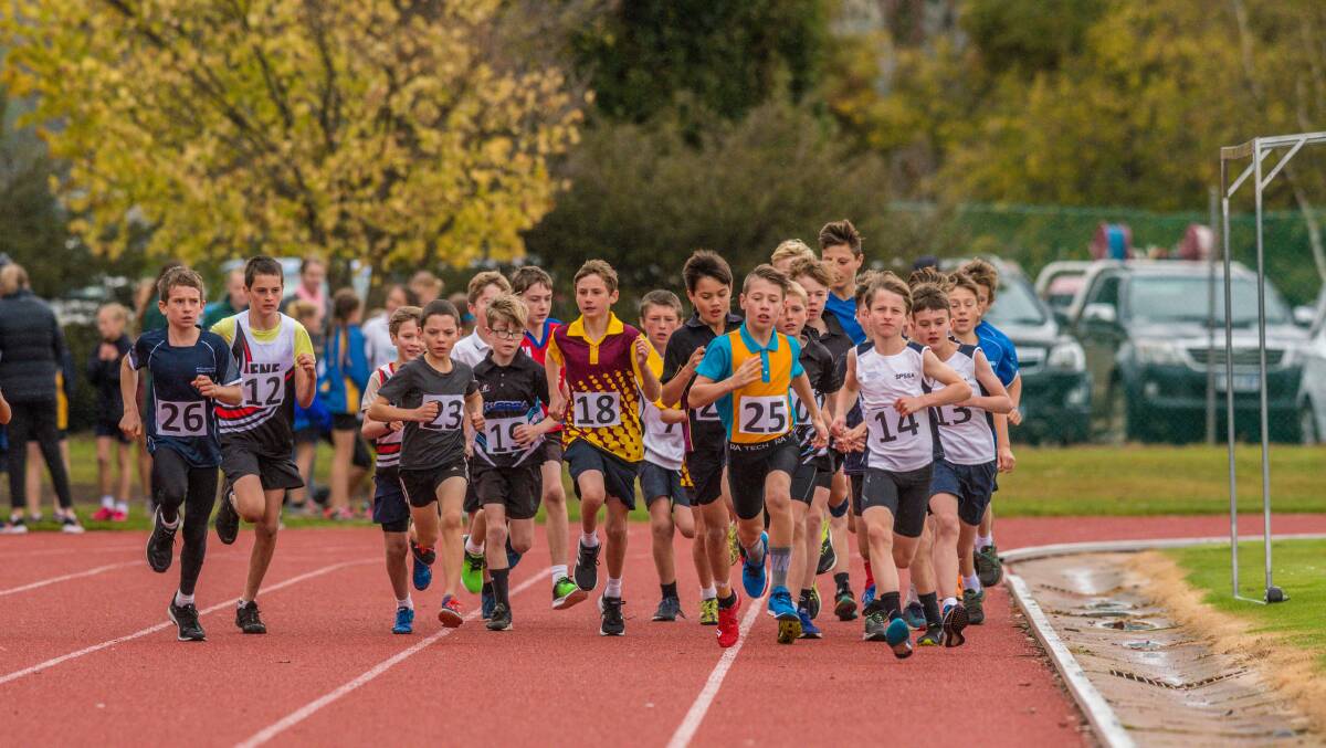 The start of the grade six Boys 1500m at St Leonards Athletics Centre.