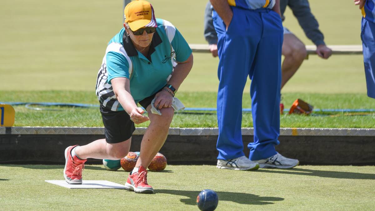 SENDS ONE DOWN: Cosgrove Park's Vicki Winley sends one down in the Bowls North premier division match between Trevallyn and Cosgrove Park. Picture: Paul Scambler.
