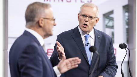 Opposition leader Anthony Albanese (left) and Prime Minister Scott Morrison face off during the second leaders' debate. Picture: Getty Images