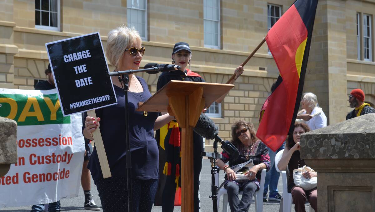 Speaker Sue Hickey addresses an Invasion Day rally in Hobart on Sunday. Picture: Emily Jarvie 