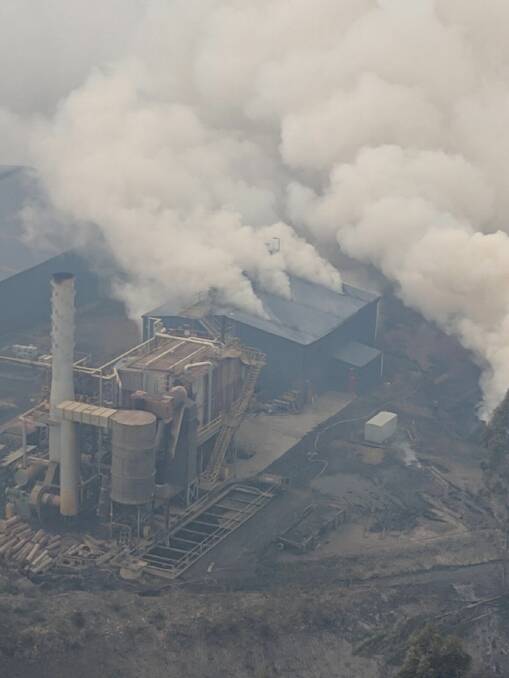 FIRE DAMAGE: Aerial view of damage to Southwood mill during the Huon Valley bushfires. Picture: TFS. 