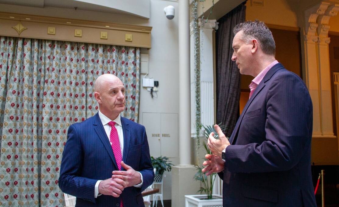 Premier Peter Gutwein and Hadley's Orient Hotel chief executive Ben Targett in Hobart. Picture: supplied 