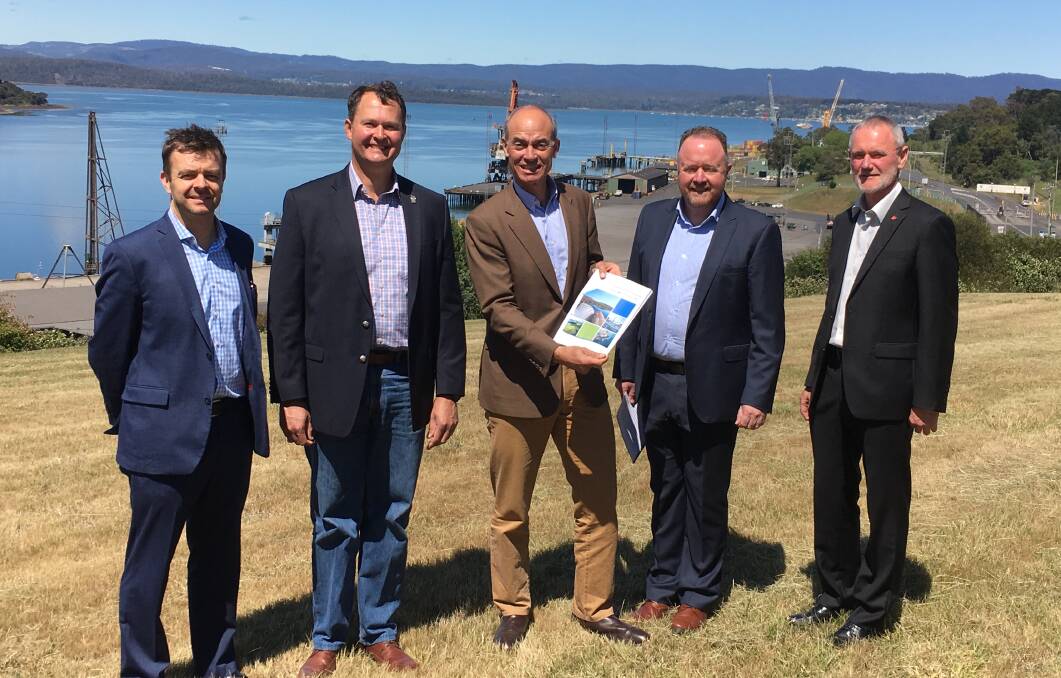 Coordinator-General John Perry, George Town mayor Greg Kieser, Energy Minister Guy Barnett, Hydro Tasmania chief strategy officer Andrew Catchpole and Launceston mayor Albert van Zetten at the Bell Bay manufacturing zone. Picture: supplied 