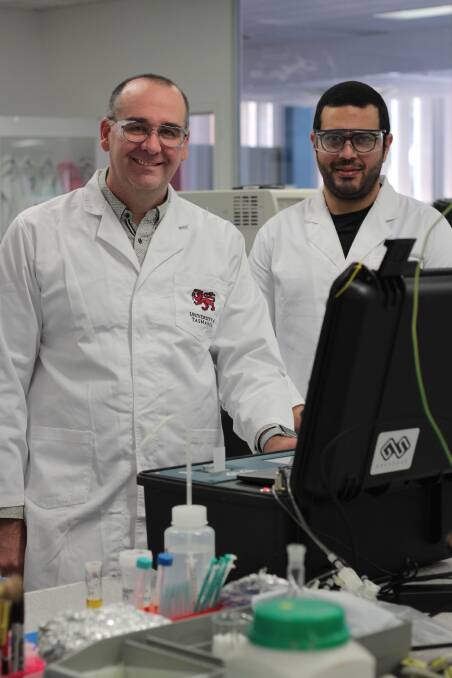 TRACE: University of Tasmania researcher Professor Michael Breadmore and PhD candidate Mostafa Adel Atia Abuzeid at a university laboratory. Picture: supplied 