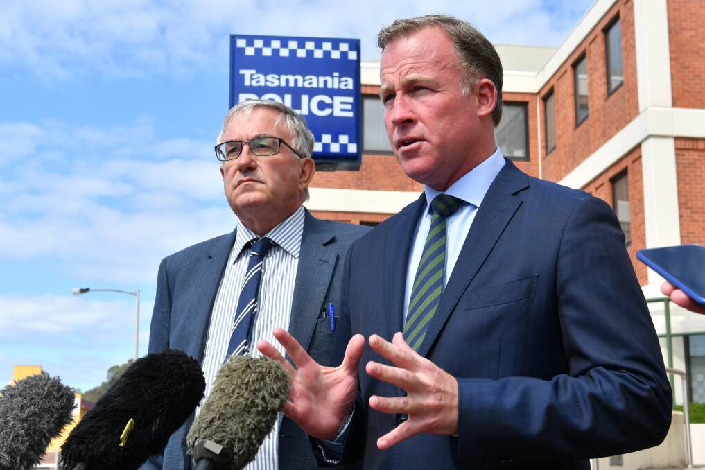 RESIGNED: Premier Will Hodgman with former Police Minister Rene Hidding prior to the March 2018 election announcing a policy commitment outside Burnie Police Station. 