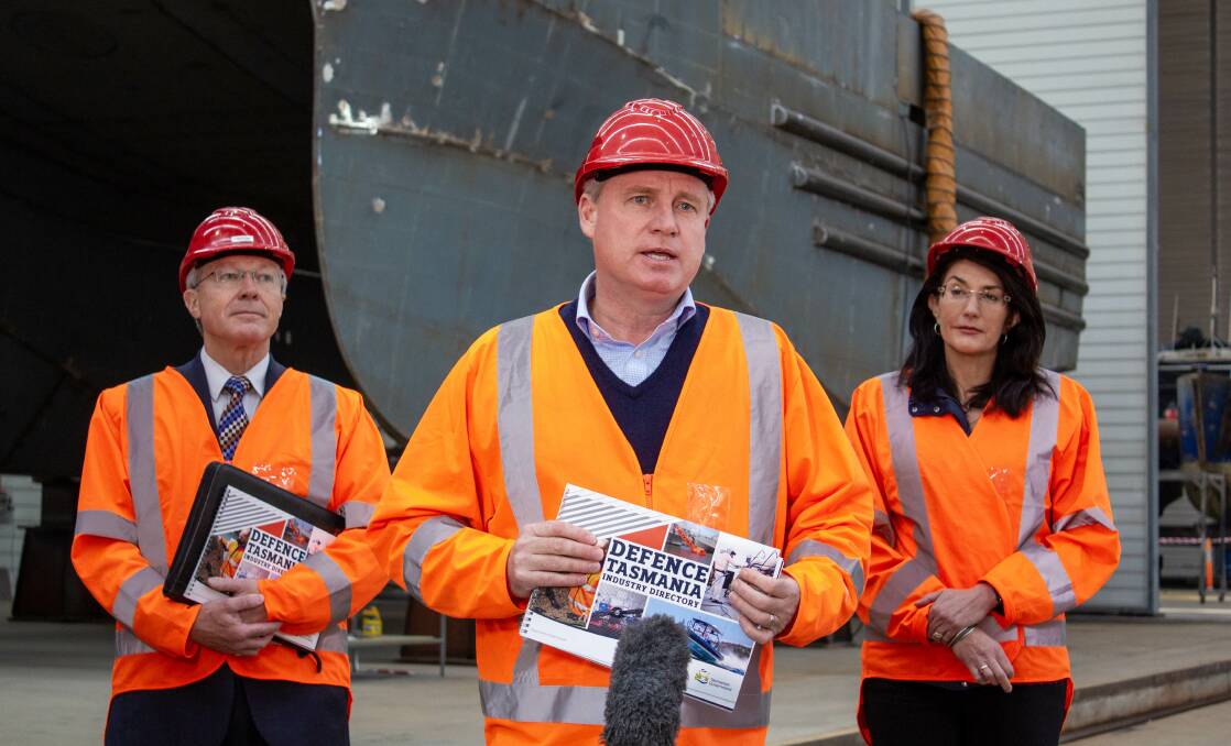 CAPACITY: Tasmanian Defence Advocate Steve Gilmore, Advanced Manufacturing and Defence Industries Minister Jeremy Rockliff and Franklin Liberal MHA Jacquie Petrusma at the launch of the Defence Tasmania Industry Directory. Picture: supplied 