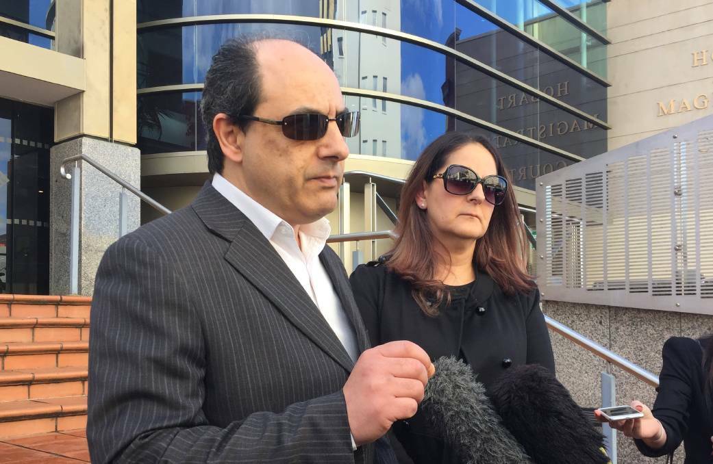 Two of Voula Delios' children, Michael Delios and Maria Hall, address the media outside the Hobart Magistrates Court on September 5, 2019. Picture: Emily Jarvie 