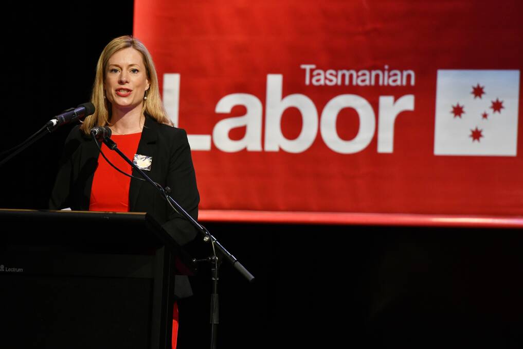 Labor leader Rebecca White addresses the Labor state conference in Burnie on Sunday. Picture: Brodie Weeding 