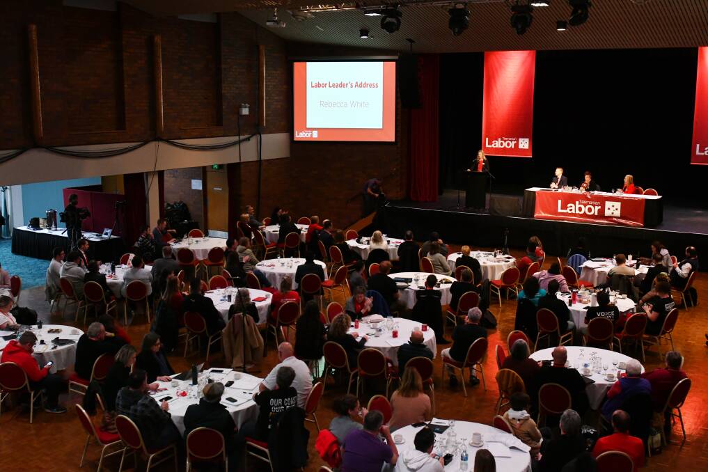 Labor leader Rebecca White addresses the party's state conference in Burnie on Sunday. Picture: Brodie Weeding 