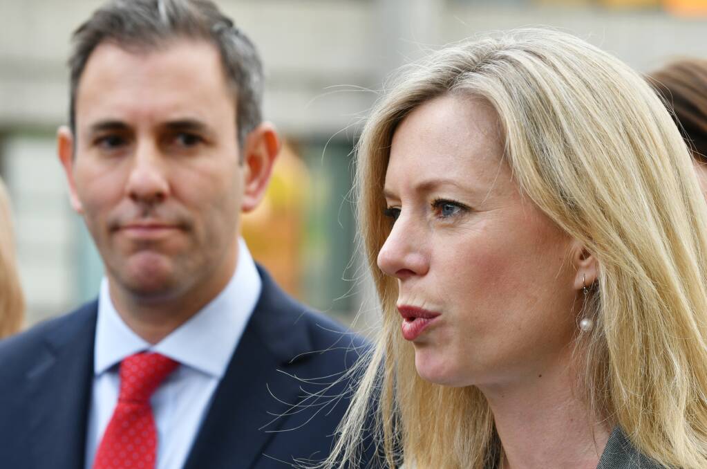 Shadow Treasurer Jim Chalmers and Labor leader Rebecca White address the media in Burnie. Picture: Brodie Weeding