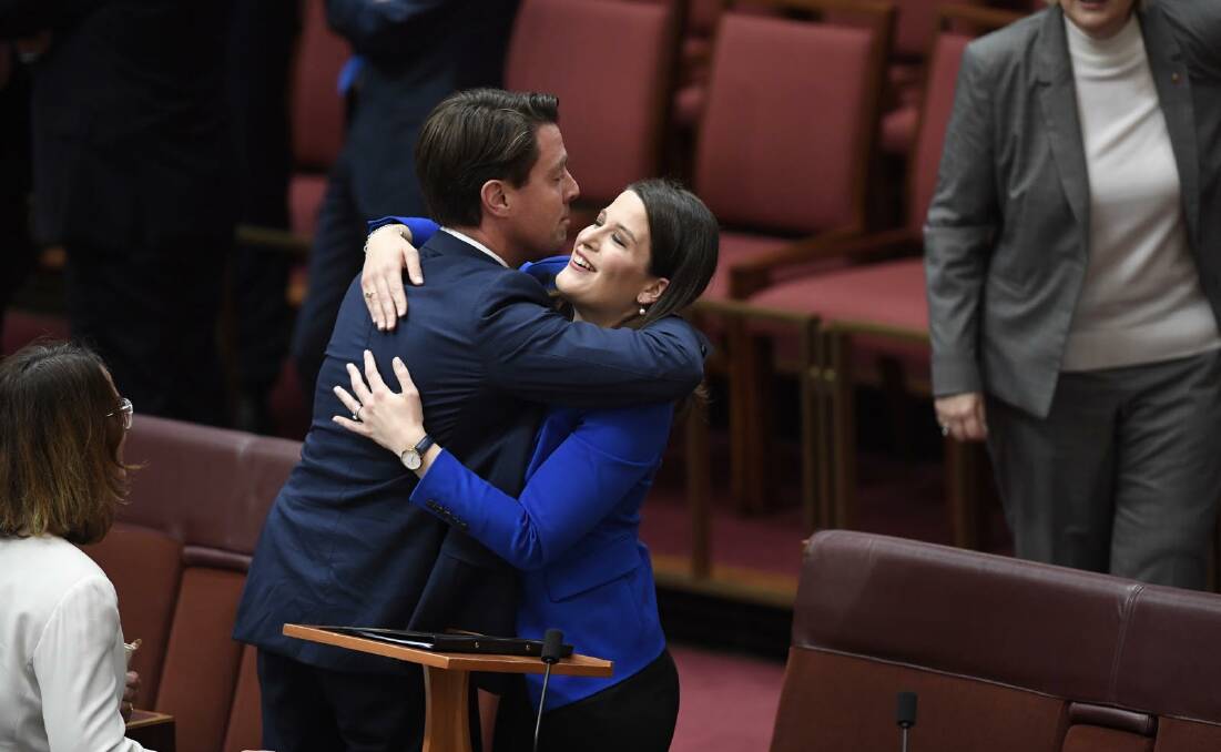 Tasmanian Liberal senator Jonathon Duniam congratulates Senator Chandler on her first speech. Picture: Auspic 