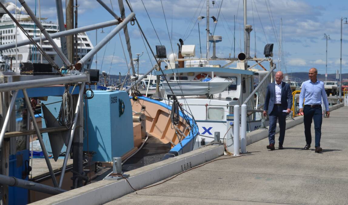 Premier Peter Gutwein and Primary Industries Minister Guy Barnett at the Hobart waterfront. Picture: Emily Jarvie 