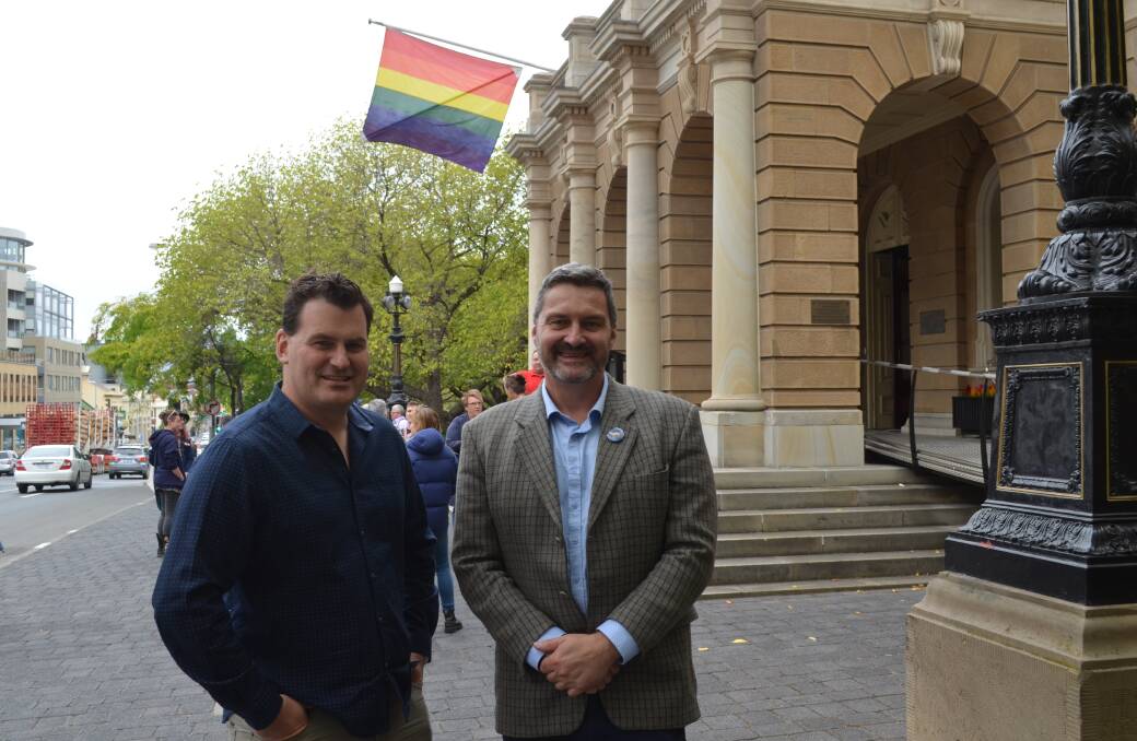 PRIDE: Tourism Industry Council of Tasmania chief executive Luke Martin and Equality Tasmania spokesman Rodney Croome at Hobart Town Hall. Picture: Emily Jarvie 