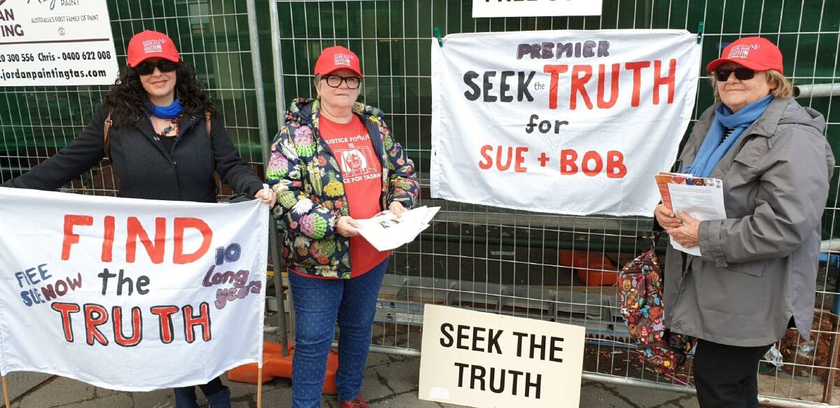 VIGIL: Susan Neill-Fraser Support Group secretary Rosie Crumpton-Crook (centre) and other Neill-Fraser supporters mark the 10 year anniversary of her imprisonment in Hobart. Picture: supplied 