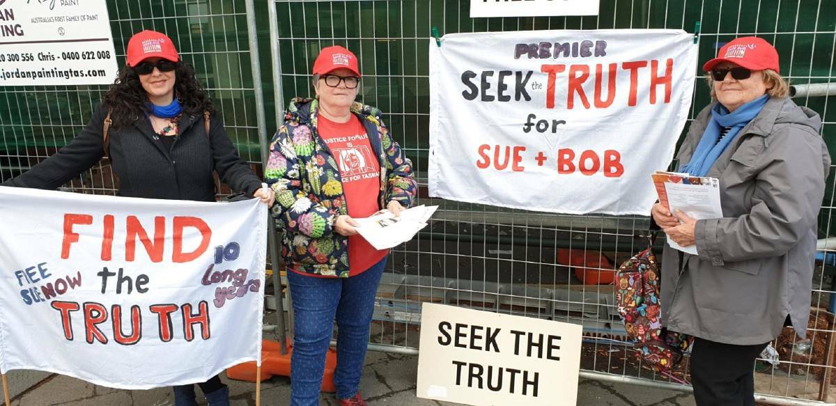VIGIL: Susan Neill-Fraser Support Group secretary Rosie Crumpton-Crook (centre) and other Neill-Fraser supporters mark the 10 year anniversary of her imprisonment in Hobart in August last year. Picture: supplied