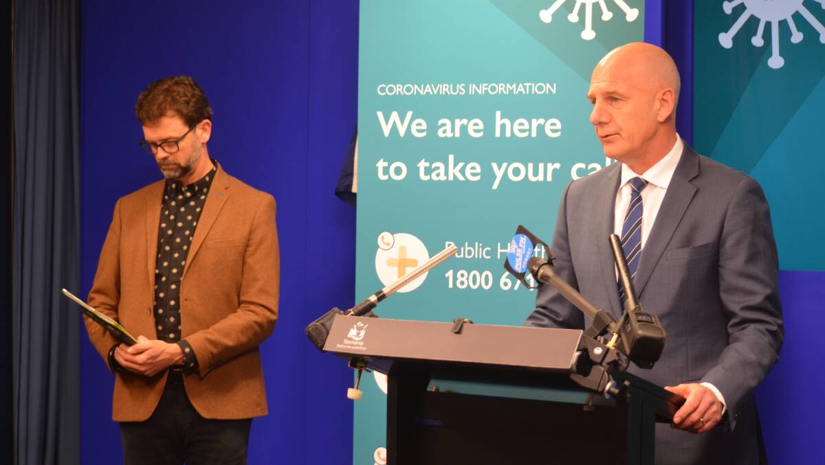 Public Health deputy director Scott McKeown and Premier Peter Gutwein provide a COVID-19 update to the media. Picture: Emily Jarvie 