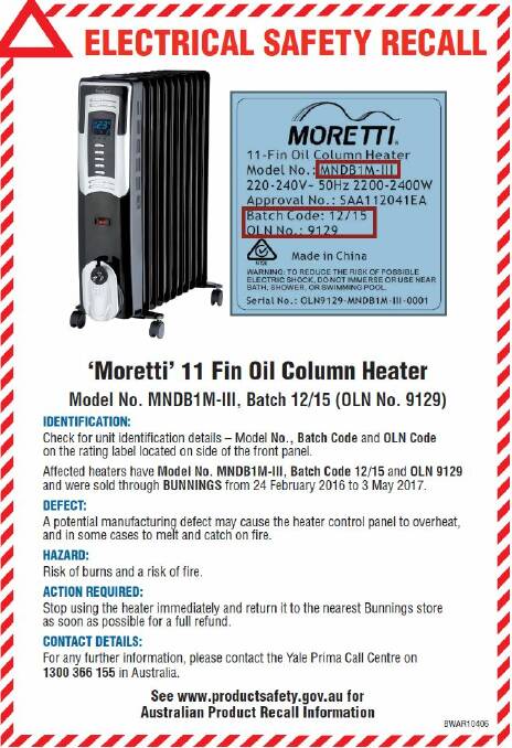 Bunnings recalls Moretti oil heater due to fire hazard