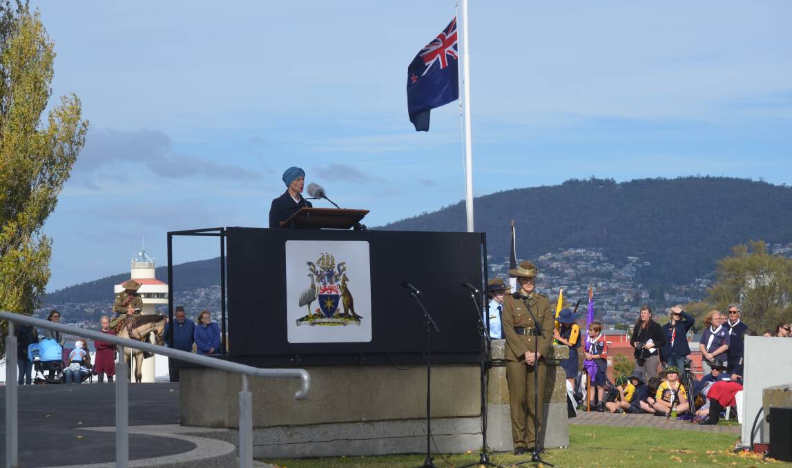 Governor Kate Warner addressing the 11am Hobart service. Picture: Emily Jarvie