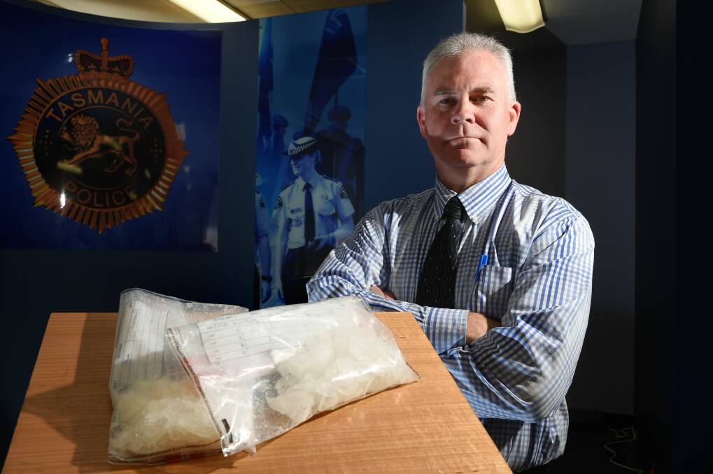 Detective Inspector Scott Flude with ice seized at Launceston Airport in October 2014. Picture: Mark Jesser
