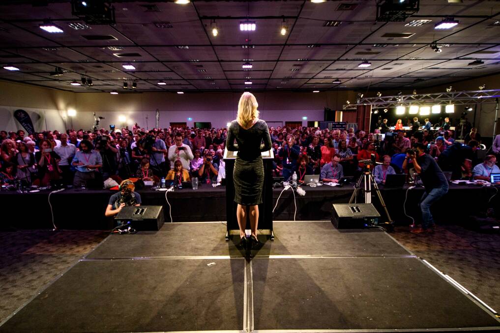 Rebecca White addressing the tally room in Hobart. Picture: Scott Gelston