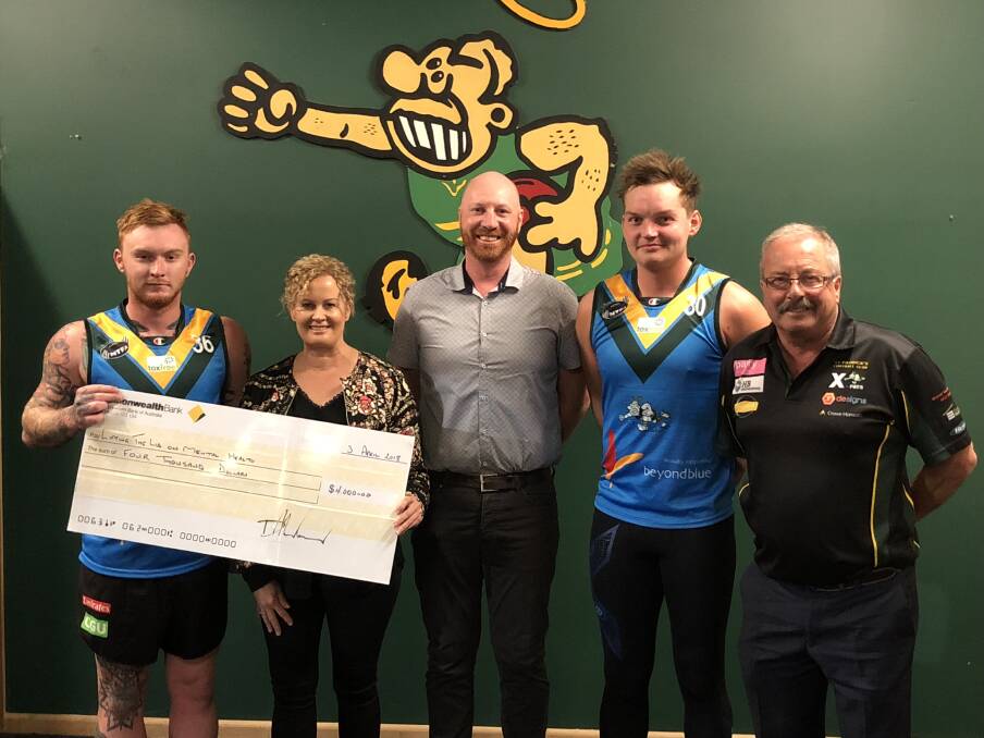 SUPPORT: St Pats Football Club player Joeby Sadler with Lifting the Lid's Lindi McMahon and Rob Pearce, coach Alex Russell and president Ian McCallum. Picture: supplied