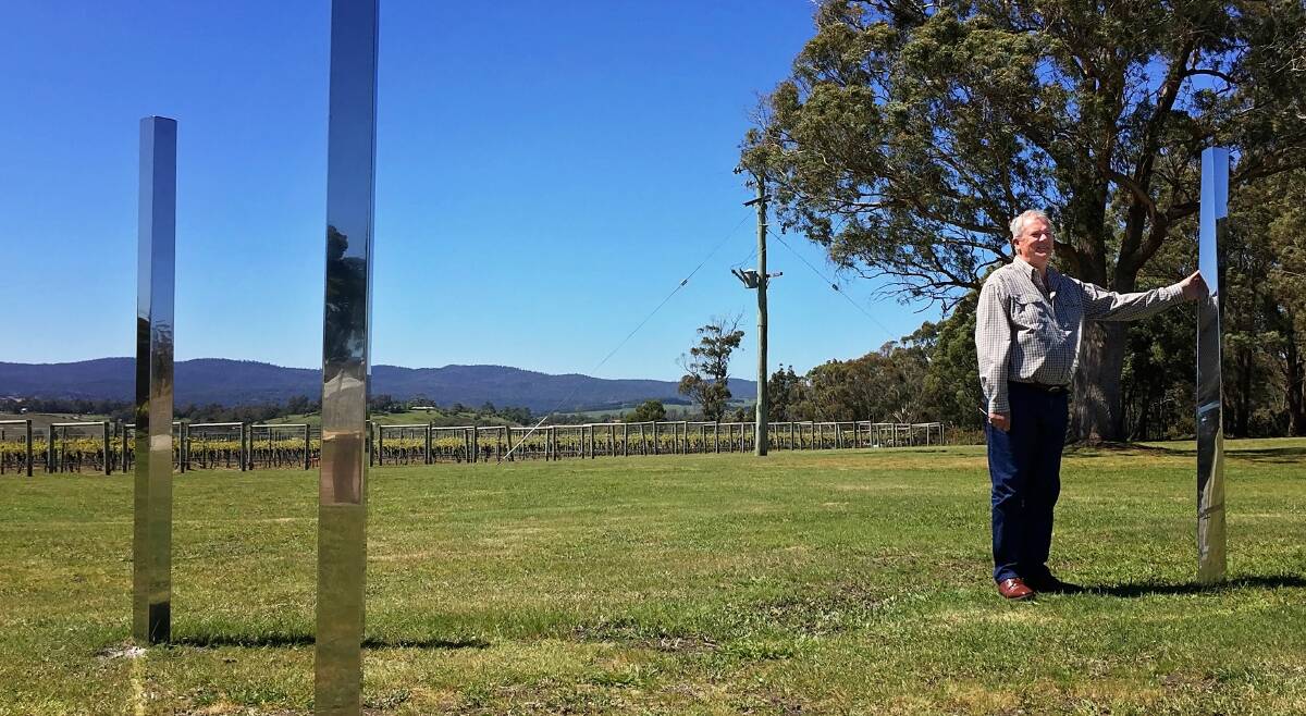 REFLECTION: Artist Paul Brunyee with his sculpture Odd Man Out at Goaty Hill Wines. Picture: Sarah Aquilina