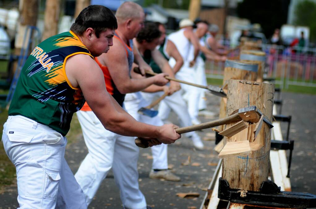 Kody Steers, of Sheffield, wins his event in the Wood Chopping contest. Picture: Geoff Robson