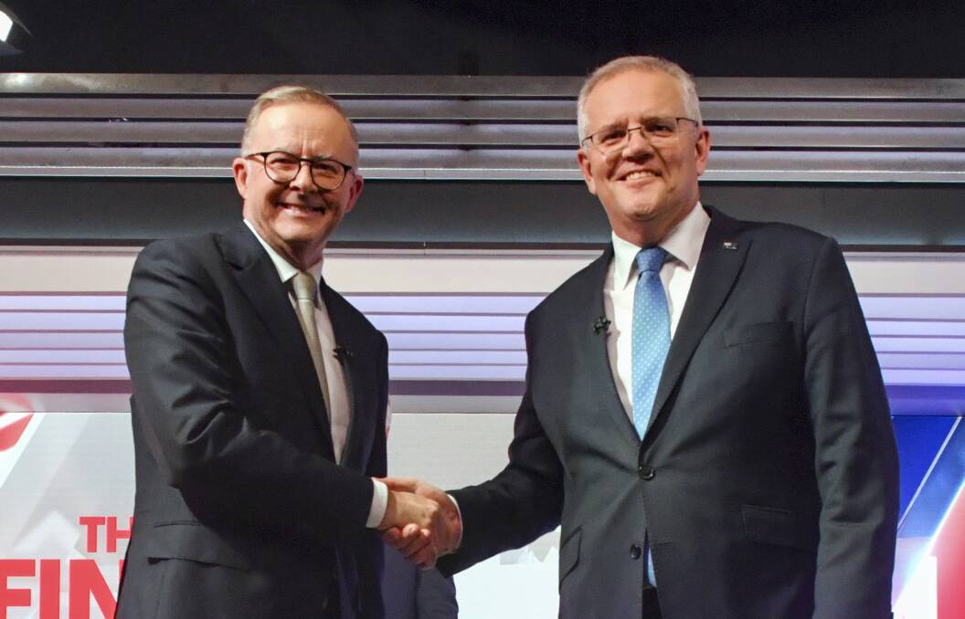Scott Morrison and Anthony Albanese shake hands at one of the leaders' debates. Picture: AAP