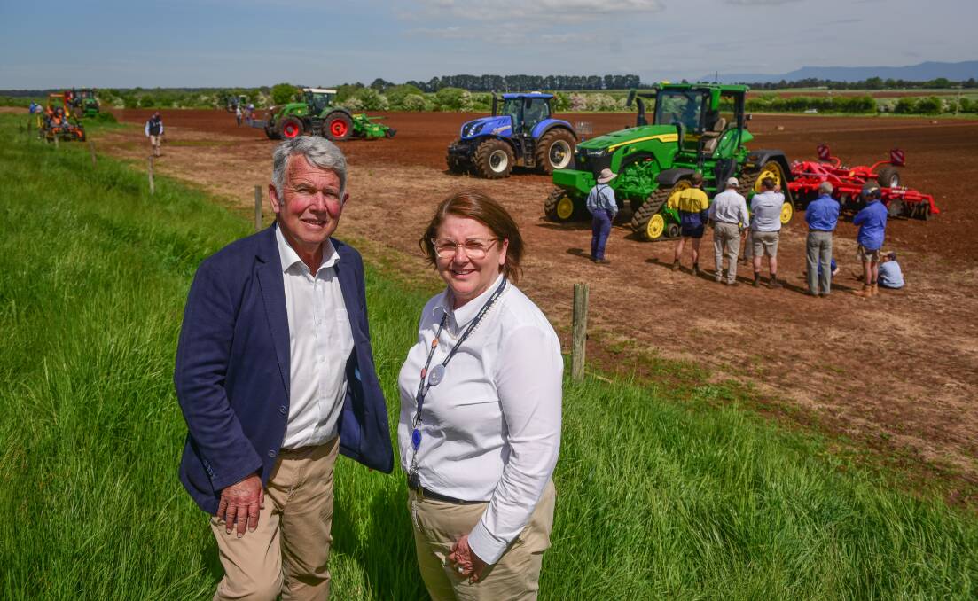 NEW TECH: Tasmanian Agricultural Productivity Group member and expo organiser Terry Brient with Hagley Farm School principal Jeanagh Viney enjoy the practical tractor displays at the expo, which had been delayed from April due to COVID. Picture: Paul Scambler