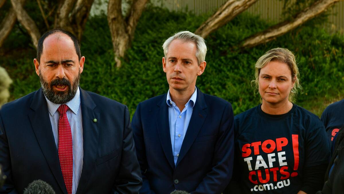 Bass Labor MP Ross Hart, MP Andrew Giles and AEU state manager Roz Madsen. 