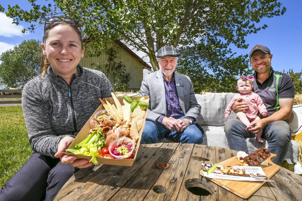 GO NUTS: Christie McLeod, Meander Valley councillor Frank Nott, Michael Delphin and and six-month old Lily Delphin at Hazelbrae Hazelnut farm at Hagley. Picture: Phillip Biggs