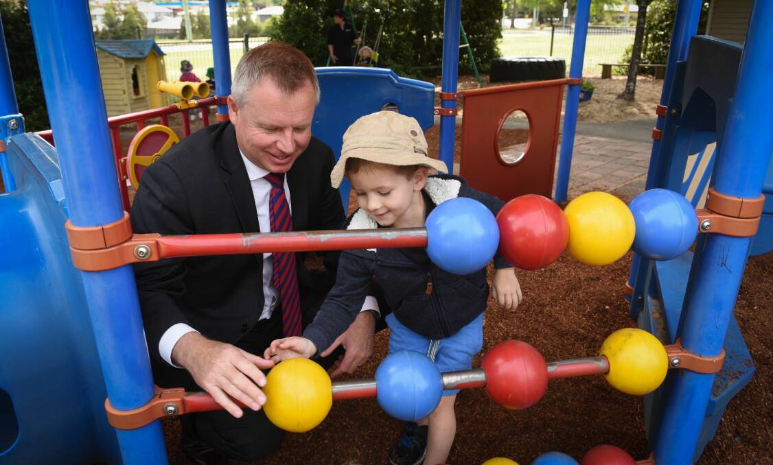 NEW PILOT: Education Minister Jeremy Rockliff with Alex Griffin, 3, at Lady Gowrie University Community Child Care Centre at Newnham. Picture: Paul Scambler.